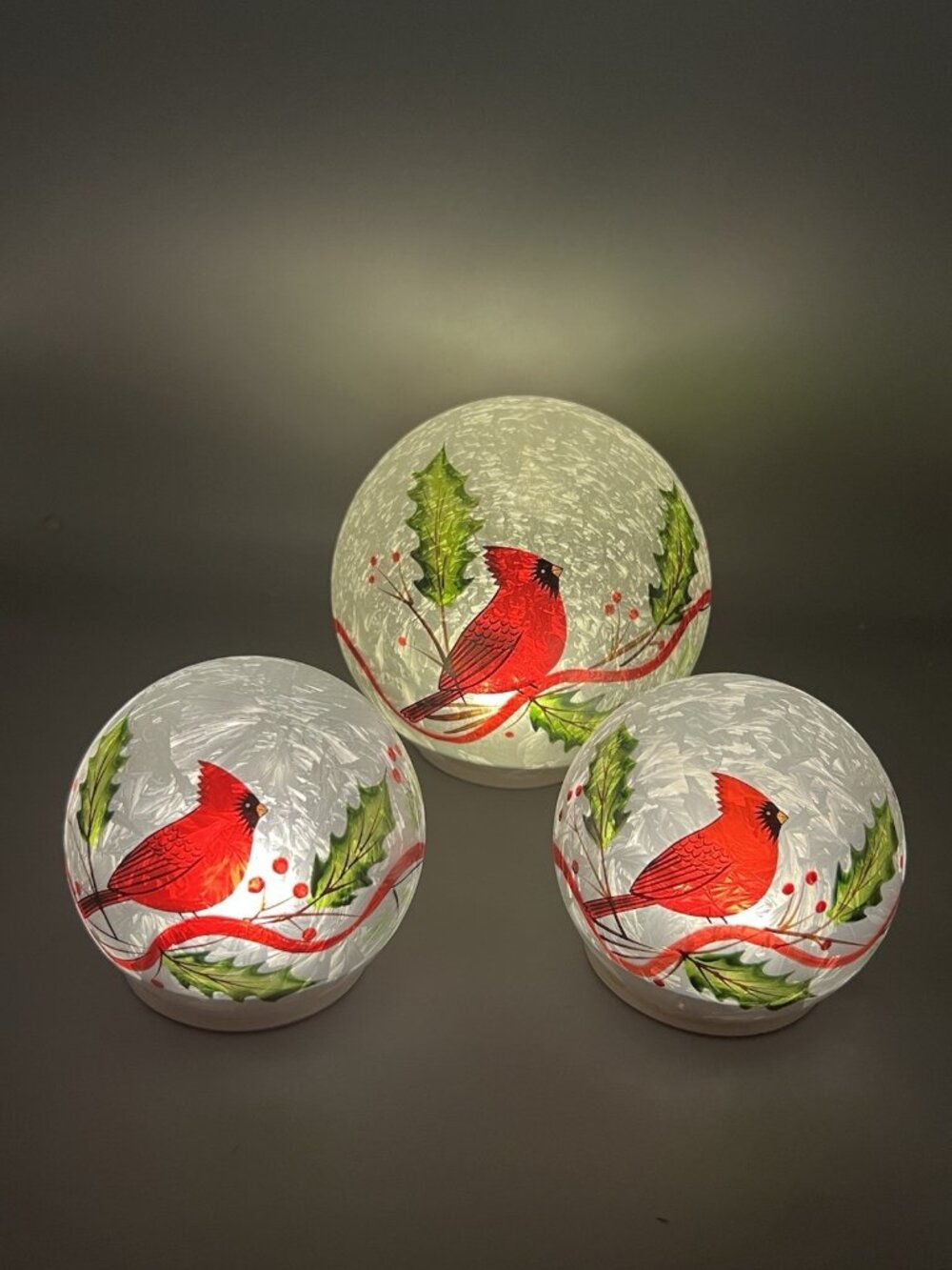 3 Light Up Crackle Glass Ball Globes Cardinal Red Bird Christmas Holiday See*